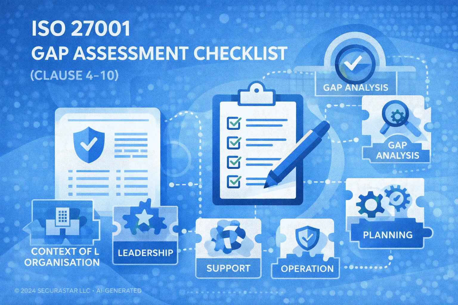 ISO 27001 gap assessment checklist clauses 4 to 10 including context, leadership, planning, support, operation, performance evaluation and improvement