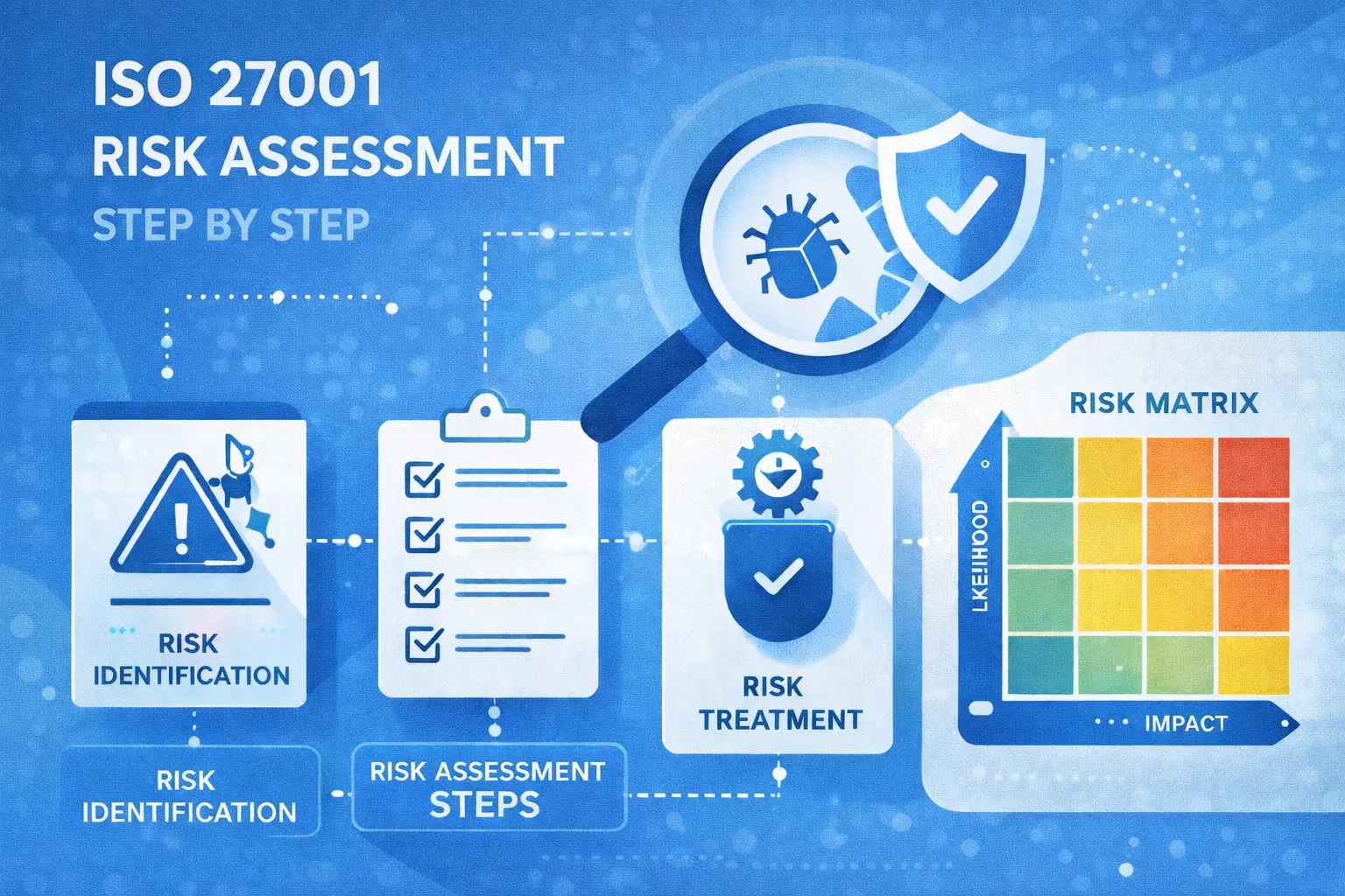 ISO 27001 risk assessment step-by-step process including risk identification, analysis, treatment, and risk matrix