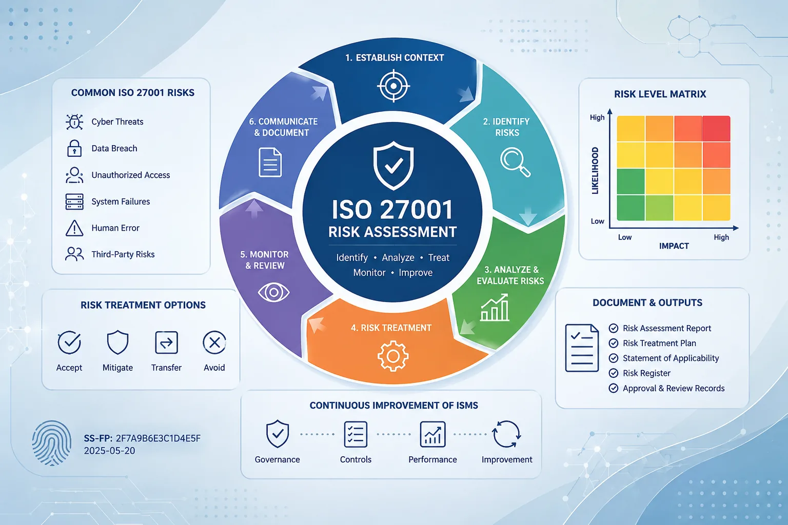 Abstract illustration showing ISO 27001 risk assessment methodology, ISMS risk analysis, and information security risk management controls