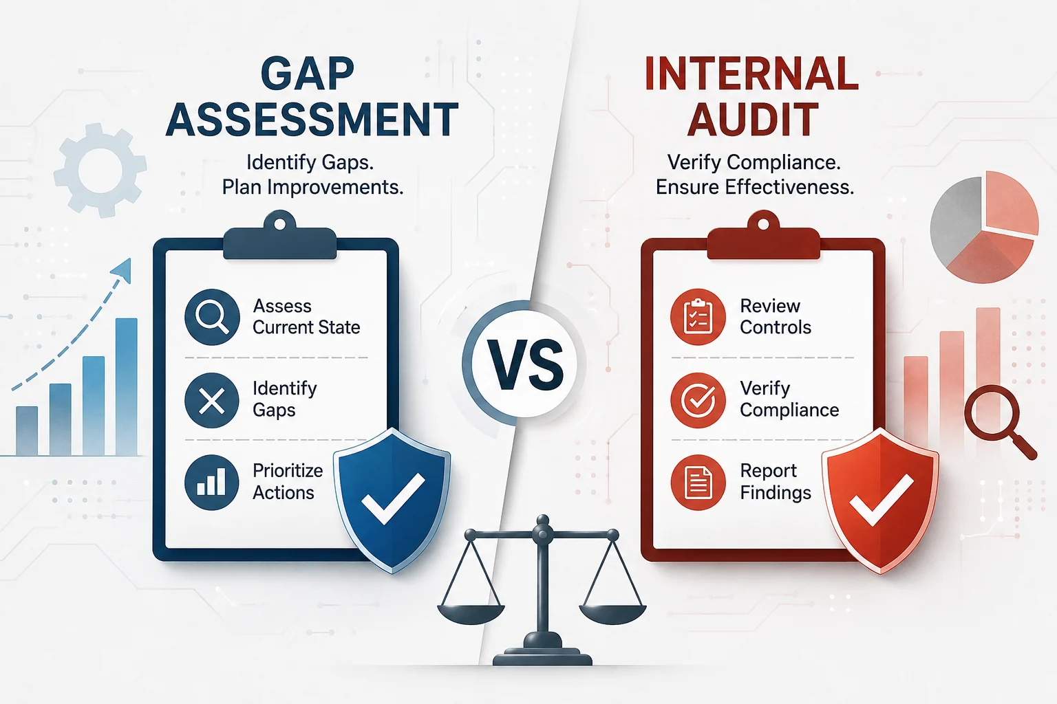 Abstract comparison illustrating the difference between an ISO 27001 gap assessment and an internal audit for Information Security Management Systems (ISMS).